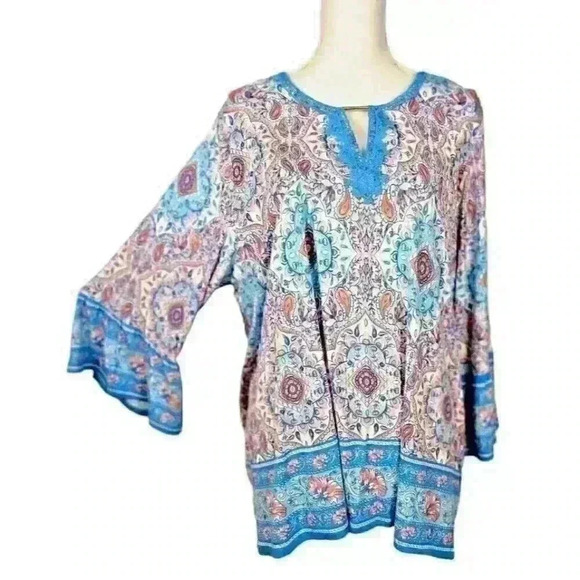 RUBY RD Womans MULTI COLOR Tunic Top Long BELL Sleeves Lace Accent size 2x - Picture 1 of 7